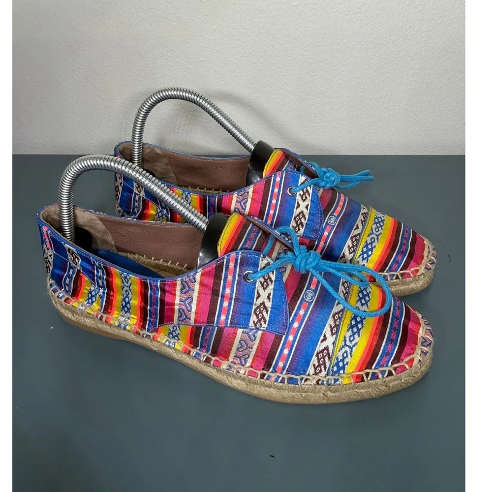Tabitha Simmons Striped Espadrille Flats Multicolor Lace Up Shoes Spain 38